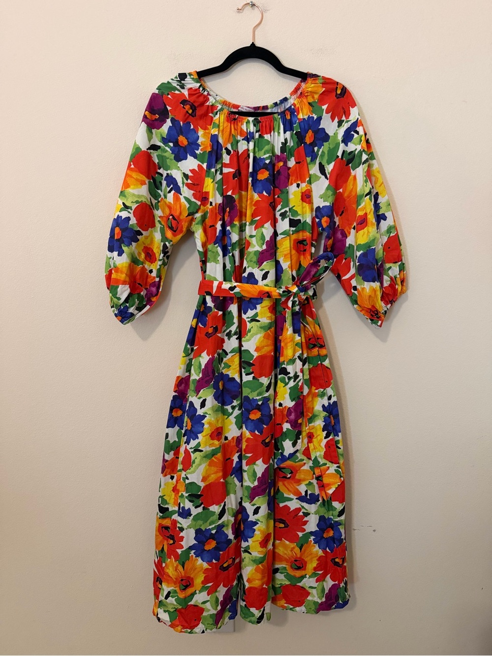 Frances Valentine Colorful Floral Midi Dress Size Small Puff Sleeves Feminine